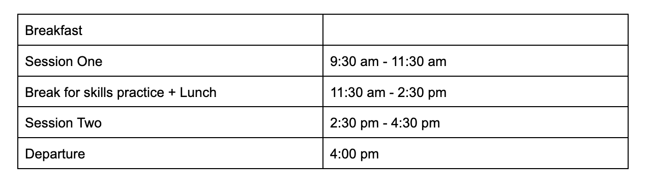 Day 3: Breakfast, Session one: 930am – 1200pm, Break for skills practice + Lunch: 1130am – 200pm, Session two: 200pm – 400pm, Departure: 4:00pm