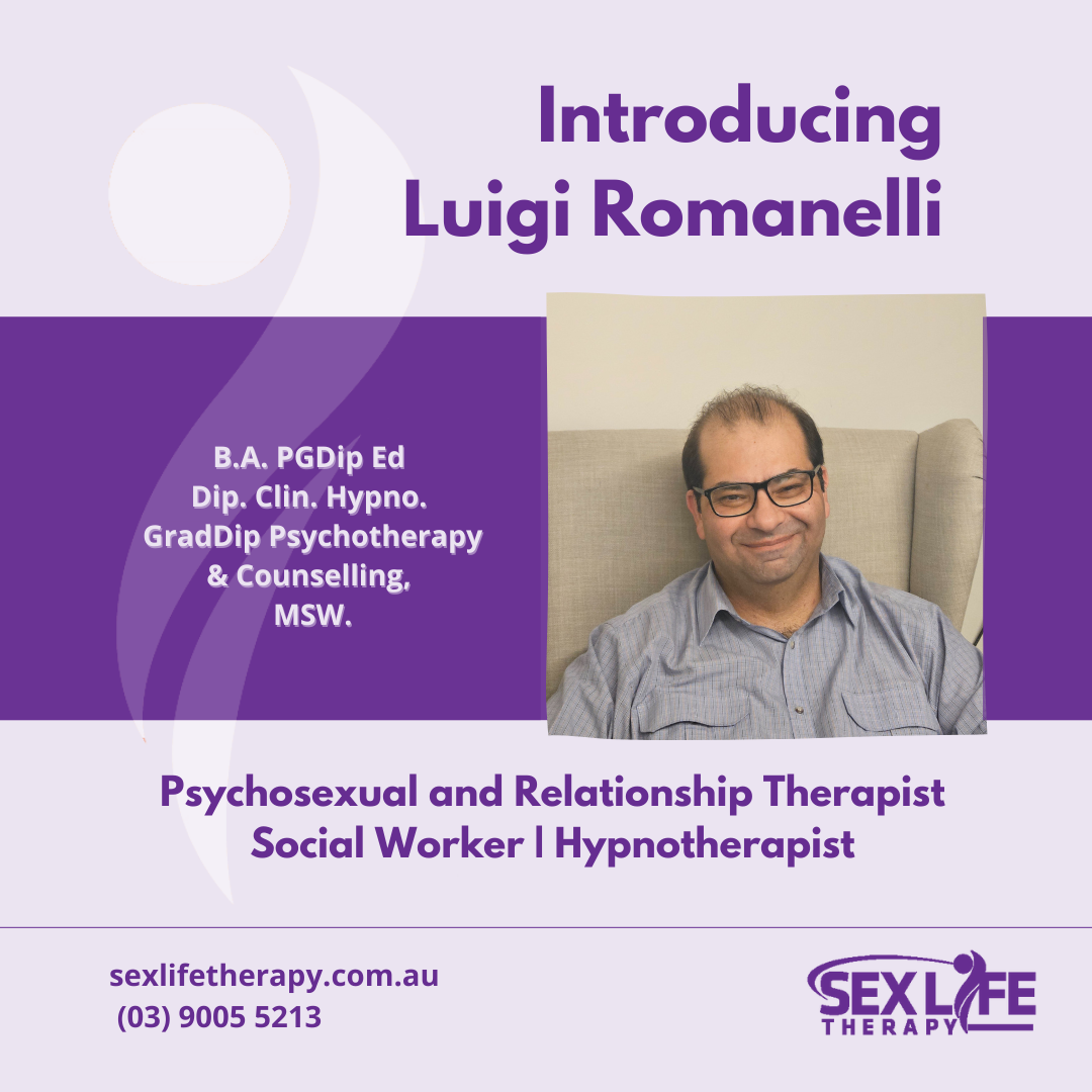 A square image with an image of Chanelle to the right. Text on the square reads Introducing Chanelle den Ouden. B.Sc. M. Nurs. Pract. M. Counselling. M. Sci. Med (SRH). Psychosexual therapist. Available Mondays - Collingwood or Online