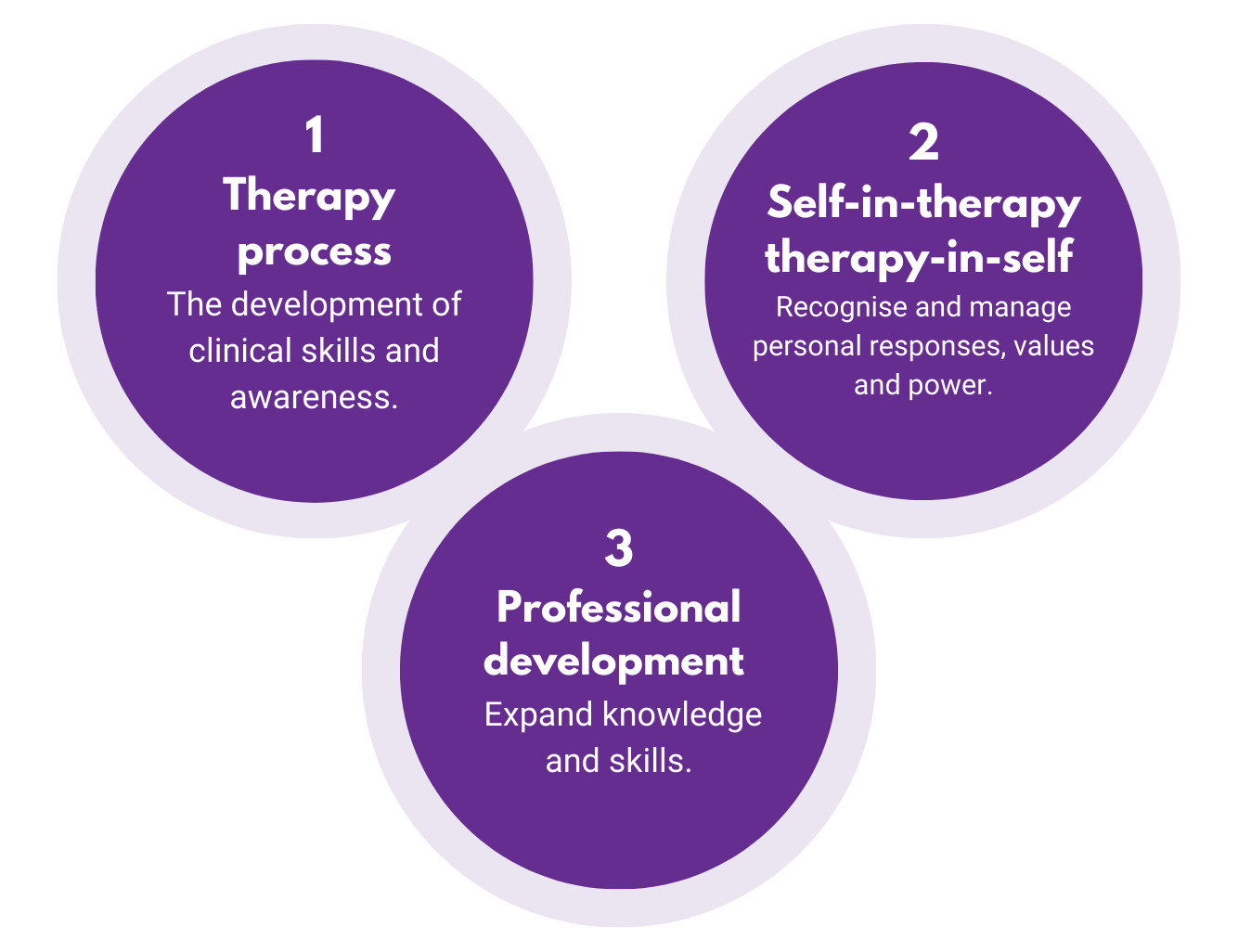 3 circles which read 1.	Therapy process – the development of clinical skills and awareness,<br />
2.	Self-in-therapy/therapy-in-self – recognise and manage personal responses, values and power,<br />
3.	Professional development – expand knowledge and skills.