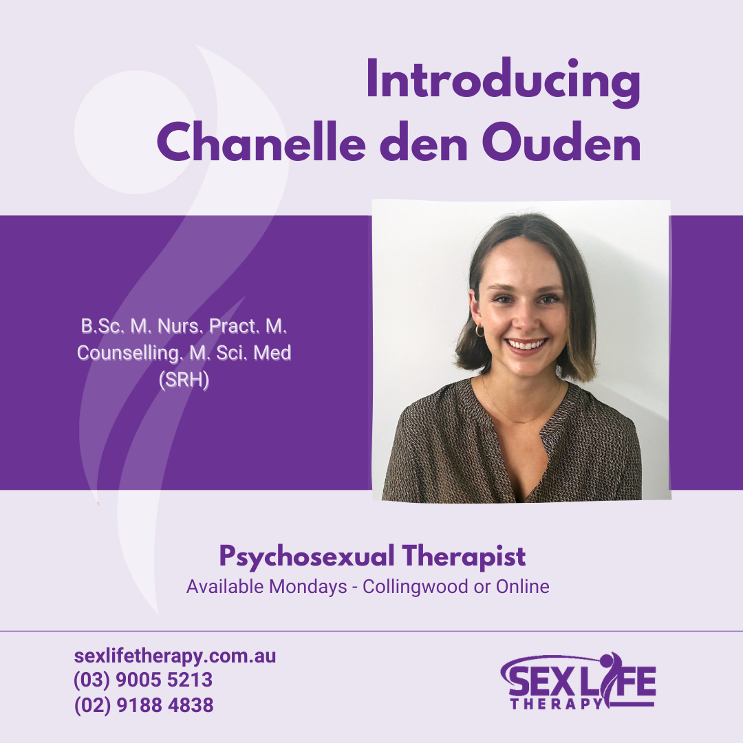 A square image with an image of Chanelle to the right. Text on the square reads Introducing Chanelle den Ouden. B.Sc. M. Nurs. Pract. M. Counselling. M. Sci. Med (SRH). Psychosexual therapist. Available Mondays - Collingwood or Online